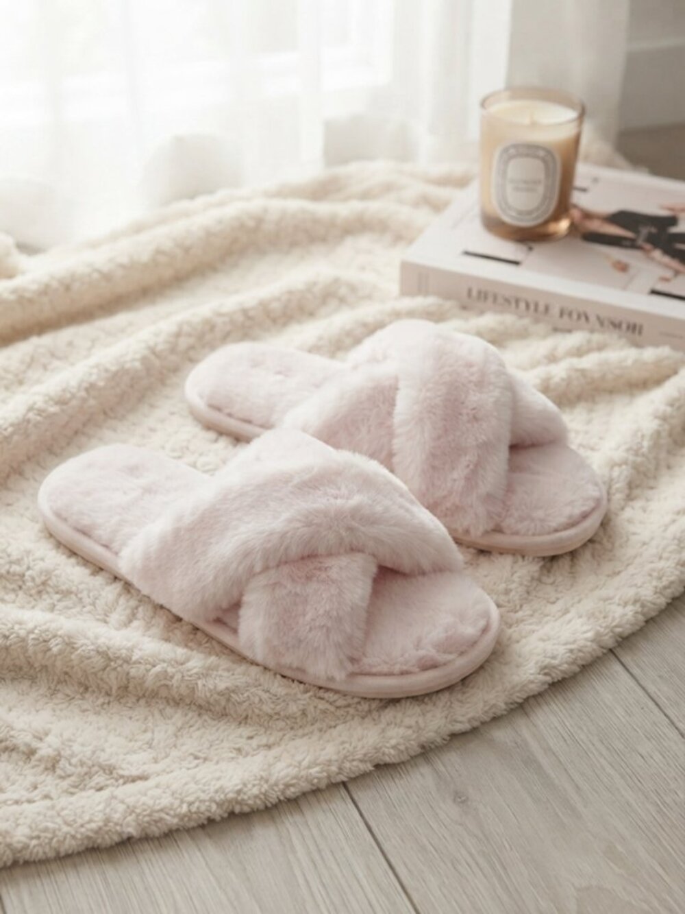 Generic Faux Fur Plush Cross Band Slippers House Shoes Pink Medium US 7-8